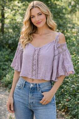 Rusttydustty Lavender Boho Crochet Lace Bell Sleeve Off-the-Shoulder Blouse